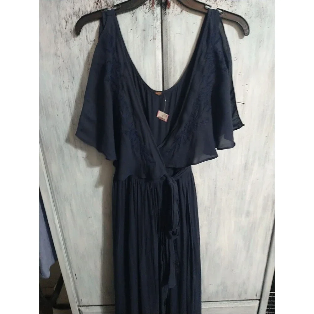Free People Sleeveless V-neck Maxi Wrap Embroidered Dress Sm Blue Boho Beachy
